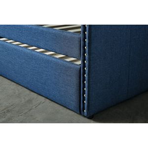 เตียงเดย์เบดหุ้มผ้าสีน้ำเงิน 1 ตัว พร้อมเตียงเสริมแบบดึงออกได้ ตกแต่งด้วยหมุดโลหะ โครงไม้ เฟอร์นิเจอร์เตียงหุ้มผ้า - Product Image 2