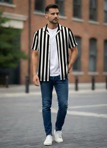 Camisa de Hombre a Rayas, Formal, Ecológica, Transpirable, de Algodón, con Cuello Camisero y un Solo Botón, para Fiestas de Verano, Venta al Por Mayor - Product Image 2