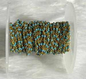 2mm Turquoise Beads <b>Rosary</b> Chain Gold Plated Brass Wire Wrapped Beaded Chain by the Foot for Jewelry Making DIY Necklace - Product Image 2