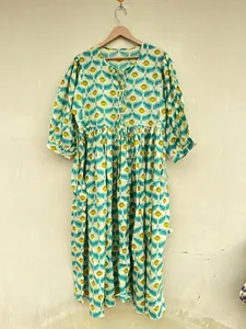 Robe midi en coton à imprimé floral bohème pour femmes, à col noué, manches bouffantes, coupe ample, robe décontractée d'été - Product Image 1