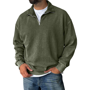 Sudadera de hombre lavada color oliva con media cremallera, corte relajado, cuello alto, mezcla de algodón, estilo vintage, informal, manga larga, para otoño e invierno - Product Image 4