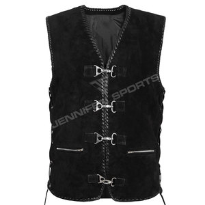 Chaleco de Cuero de Gamuza Vintage de Alta Calidad para Hombre, Estilo Motociclista, Cierre con Ganchos Metálicos, Sin Mangas - Product Image 1