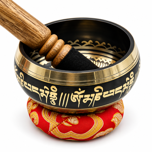 Bol chantant tibétain noir et or avec marteau en bois et coussin brodé rouge, bol sonore artisanal pour la méditation et le yoga - Product Image 5