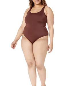 Traje de baño de una pieza para mujer, color marrón liso, cuello redondo, cintura alta, talla grande, estilo tank, de spandex y poliéster tejido - Product Image 3