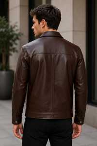 Veste en cuir véritable marron pour homme, col rabattu, fermeture éclair, coupe décontractée, hiver, poches, doublure en coton, réversible - Product Image 2