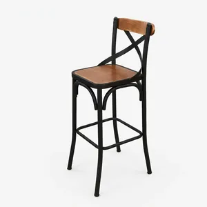 Modern Wooden Bar <b>Stool</b> Backrest and <b>Seat</b> Close Up with Black Metal Frame Premium Wood Grain Industrial Furniture Design - Product Image 1