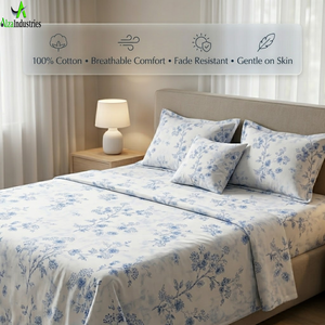 King Size Floral Blue Bedsheet <b>Set</b> | Soft Cotton <b>Bedding</b> <b>Set</b> with Pillow Covers | Breathable Lightweight Home Bedroom Decor <b>Set</b> - Product Image 6