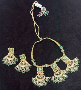 TISHYA DIAMOND Ethnic Gold Plated Ruby Imitation <b>Pearl</b> Necklace Earring <b>Set</b> Green Enamel Flower Design for Women Wedding <b>Jewelry</b> - Product Image 4