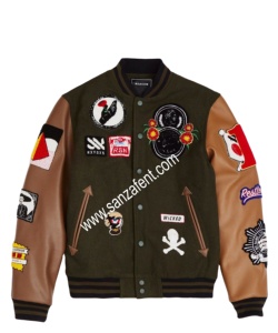 แจ็คเก็ตวาร์ซิตี้ขนสัตว์แบบปรับแต่งได้ของแซนซาเฟนเตอร์ไพรส์ แขนหนังวัว ดีไซน์เลตเตอร์แมน แต่งขอบยางยืด ปักลายสีแดง สำหรับฤดูหนาว - Product Image 1