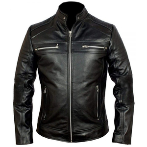 Men's Black Genuine Leather Motorcycle Jacket Stand Collar Zipper Closure Slim Fit Moto Style Autumn Wear - Product Image 1