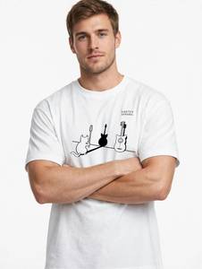 ONETEN APPAREL เสื้อยืดแขนสั้นผู้ชายสีขาว O-Neck Casual Guitar Cat Print Top - Product Image 1
