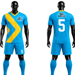 Ensemble de maillot de football pour homme ORVO, design rayé vert foncé/jaune, numéro 5, manches courtes, uniforme assorti, short, chaussettes, polyester - Product Image 6