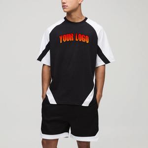Ensemble d'été pour homme, deux pièces, noir et blanc, coupe oversize, avec empiècements contrastants, t-shirt et short décontractés de qualité supérieure, personnalisable - Product Image 3