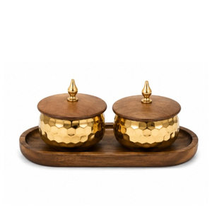 Ensemble de 3 bols à fruits secs en métal martelé de luxe avec plateau, pots à dattes et noix en métal doré avec couvercle en bois, vaisselle - Product Image 6