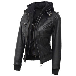 Premium Genuine Black Leather Hooded <b>Jacket</b> Women Detachable Fleece Hoodie Windproof Warm Winter Motorcycle Bomber - Product Image 1