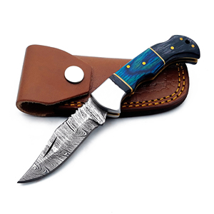 Handmade Damascus Steel Folding Knife with Colored Wood <b>Back</b> Lock Pocket Knife with Leather Sheath for Hunting Camping EDC Use - Product Image 2
