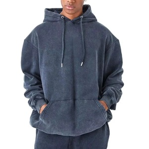 Unisex Dark Blue Washed Polyester Breathable <b>Lightweight</b> <b>Hoodie</b> Sweatpants Set Casual Loose Fit Full Sleeve Solid Tracksuit - Product Image 4