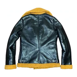 Unisex Black Real Leather Mustard Shearling <b>Aviator</b> Biker Moto <b>Jacket</b> Buckle Zip Fashion Outerwear Custom Logo <b>Jacket</b> - Product Image 2