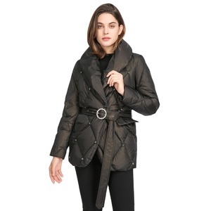 Women's <b>Quilted</b> Winter <b>Jacket</b> With Pillow Collar And Adjustable Waist Belt Full Sleeve Solid Color Thick Puffer Coat - Product Image 4