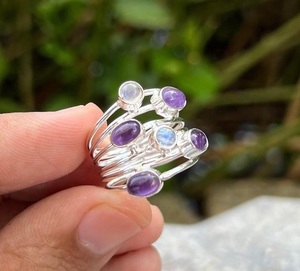 Bague en argent sterling 925 avec pierres précieuses naturelles de pierre de lune et d'améthyste, empilable, bijou raffiné, cadeau - Product Image 5
