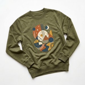 Sweat-shirt en molleton épais vert olive pour homme, imprimé graphique géométrique grue origami, épaules tombantes, style streetwear, col rond - Product Image 1