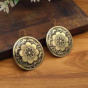 Wholesale Indian Handcrafted Brass Floral Mandala <b>Disc</b> Earrings | Antique <b>Gold</b> Tone Engraved Round Dangle Ethnic Fashion Jewelry - Product Image 4
