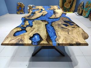 Table à manger rectangulaire en bois massif époxy avec bord naturel - Design moderne durable fait main pour atelier/hôpital - OEM/ODM disponible - Product Image 4