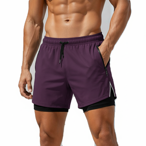 กางเกงกีฬาขาสั้นผู้ชาย 2 in 1 ชั้นในรัดรูป ซิปข้าง กระเป๋าข้าง เอวยางยืด รับผลิตตามแบบ OEM ขายส่ง - Product Image 1