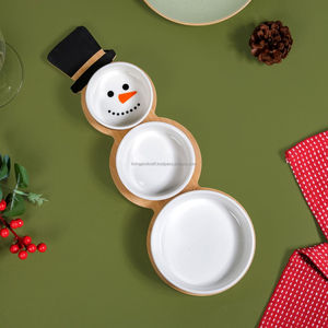 Ensemble de bols en céramique en forme de bonhomme de neige avec plateau en bois |   Plat de service pour collations de Noël pour la décoration de table de fête - Product Image 2