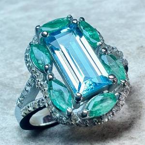 Natural Blue Topaz <b>Emerald</b> Gemstone with Round Brilliant Cut Diamond 925 Sterling <b>Silver</b> Rhodium Plated Minimalist Cocktail <b>Ring</b> - Product Image 5