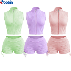 Conjunto de 2 Piezas de Chaqueta Corta y Pantalones Cortos Deportivos Casuales de Moda Hip Hop, Ajustados, de Spandex/Poliéster, con Cierre, para Mujer, Verano - Product Image 4