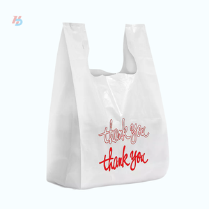 Bolsa de Compras Blanca Reciclable de LDPE/HDPE con Fuelle Lateral y Asa Tipo Chaleco, con Impresión de 'Gracias' en Rojo - Product Image 1