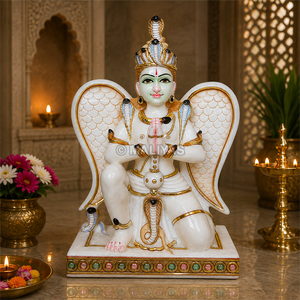 Estatua de Garuda sentado en mármol |   Murti de Garuda Dev con alas y detalles de serpiente |   Ídolo de mármol pintado a mano – MALIYAS - Product Image 3