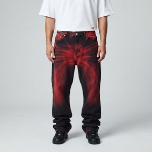 Jean en denim coupe droite pour homme, en coton, style streetwear, poids moyen, motif tie-dye rouge et noir, collection automne - Product Image 5