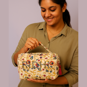 Indian Block Printed Eco-Friendly Large Sangria Red Cotton <b>Quilted</b> Travel for <b>Bag</b> Reusable Handmade Custom <b>Makeup</b> Organizer - Product Image 5