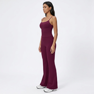 Conjunto de Yoga con Logotipo Personalizado para Mujer, Top Ligero de Color Sólido, Pantalones Rectos de Pierna Ancha, Conjunto de 2 Piezas para Hacer Ejercicio - Product Image 2