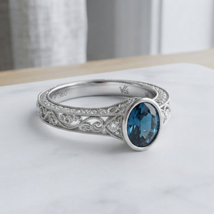 Bague Vintage Fine en Argent Plaqué avec Pierre Centrale en Quartz Bleu, Sertie de Griffes, Style Filigrane, Bijou de Mariage pour Femme - Product Image 3