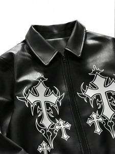 Blousons en cuir streetwear personnalisés pour hommes, impression graphique sur le devant, vente chaude hiver, blouson moto en cuir zippé pour hommes - Product Image 4