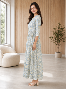 Vestido Maxi Estampado Floral para Mujer, Estilo Bohemio, Cuello Redondo, Mangas 3/4, Vestido Largo Informal Tipo Kurti, Ropa de Moda al por Mayor - Product Image 2