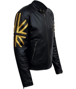 Blouson en cuir noir haut de gamme pour homme, coupe ajustée, avec patch drapeau doré, en cuir d'agneau véritable, vêtement de moto, vente en gros - Product Image 5
