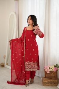 Accesorios de Vestimenta, Ropa Étnica Regional, Traje de Georgette Sintético con Cuentas y Lentejuelas, Pantalón Elástico, Dupatta Detallada (HK 86) - Product Image 1