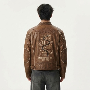 Blouson Moto Homme en Cuir Marron 68 Road avec Patch Brodé, Col Montant, Fermeture Éclair, Style Automne, Doublure en Polyester - Product Image 2