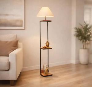 Modern Metal Floor <b>Lamp</b> with Wood <b>Shelf</b> White Fabric Drum Shade E27 LED 2700K Warm Light for Living Room - Product Image 3