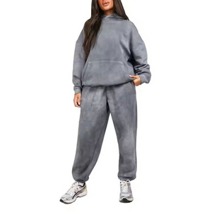 Ensemble deux pièces décontracté pour femme : sweat à capuche gris en molleton et pantalon de jogging assorti, coupe ample, tricoté, couleur unie, toutes saisons - Product Image 1