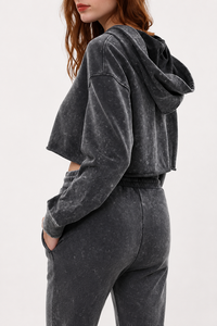 Women's Acid Wash Cropped Hoodie with Quarter Zip Long Sleeves Raw Hem and Relaxed Streetwear Fit - Product Image 5