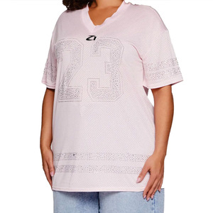 Trendy Custom Pink Sparkly Rhinestone Streetwear Jersey Y2K Rhinestone Number Graphic V-Neck T-shirt Wholesale Rhinestone jersey - Product Image 4