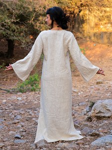 Handcrafted Off-White Pure Linen Kaftan <b>Maxi</b> Dress with Deep V-Neck and Flowing Bell Sleeves for Women - Product Image 4