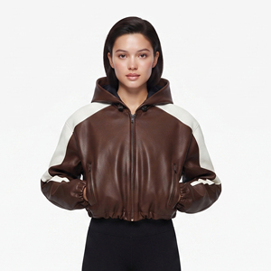 Women's Leather Crop Hoodie Women <b>Zip</b>-<b>Up</b> <b>Cropped</b> Leather Hoodie Female Side Pockets Leather Hood Girls OEM Leather Crop Hoodie - Product Image 6