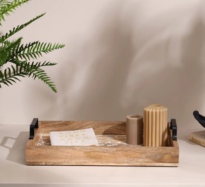 Bandeja Rectangular Grande de Madera Tallada a Mano con Diseños Florales a Cuadros, Asas de Diseño Moderno, para Mesa, Jarrón, Boda, Diwali - Product Image 5