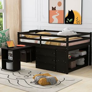 Letto a soppalco in legno Espresso con scrivania estraibile a tutta altezza e 3 cassetti, letto per bambini con scale contenitore e scaffali - Product Image 2
